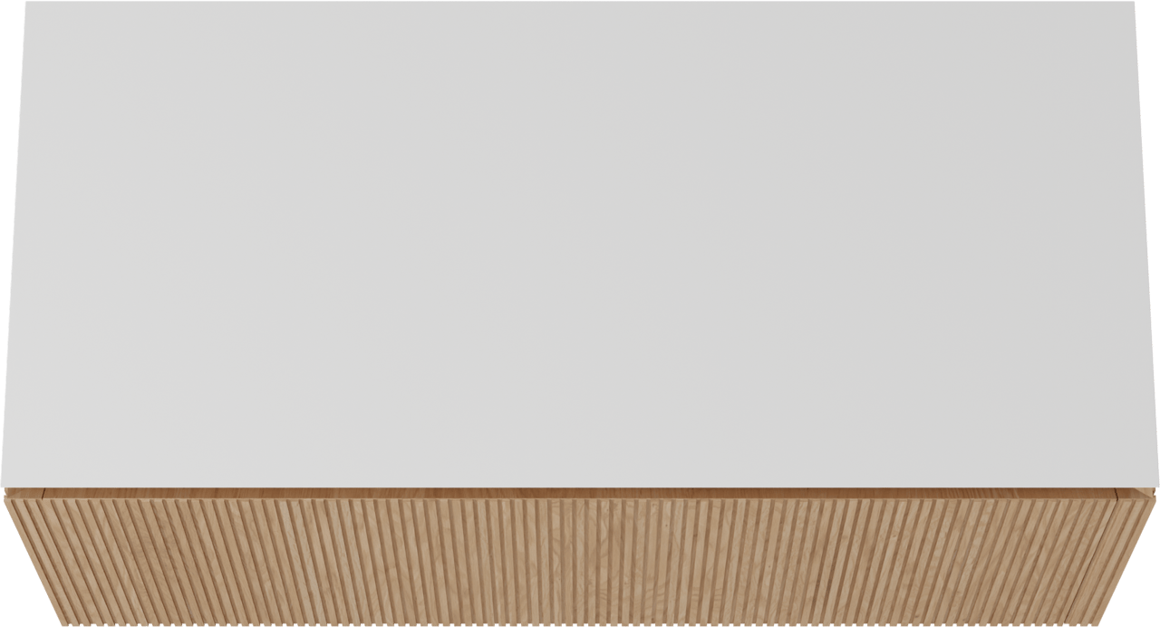 Balmani Eclips meuble salle de bains suspendu 120 x 55 cm Chêne naturelle avec Eclips tablette simple ou double vasque en Solid Surface blanc mat, Nervure droite symétrique verticale