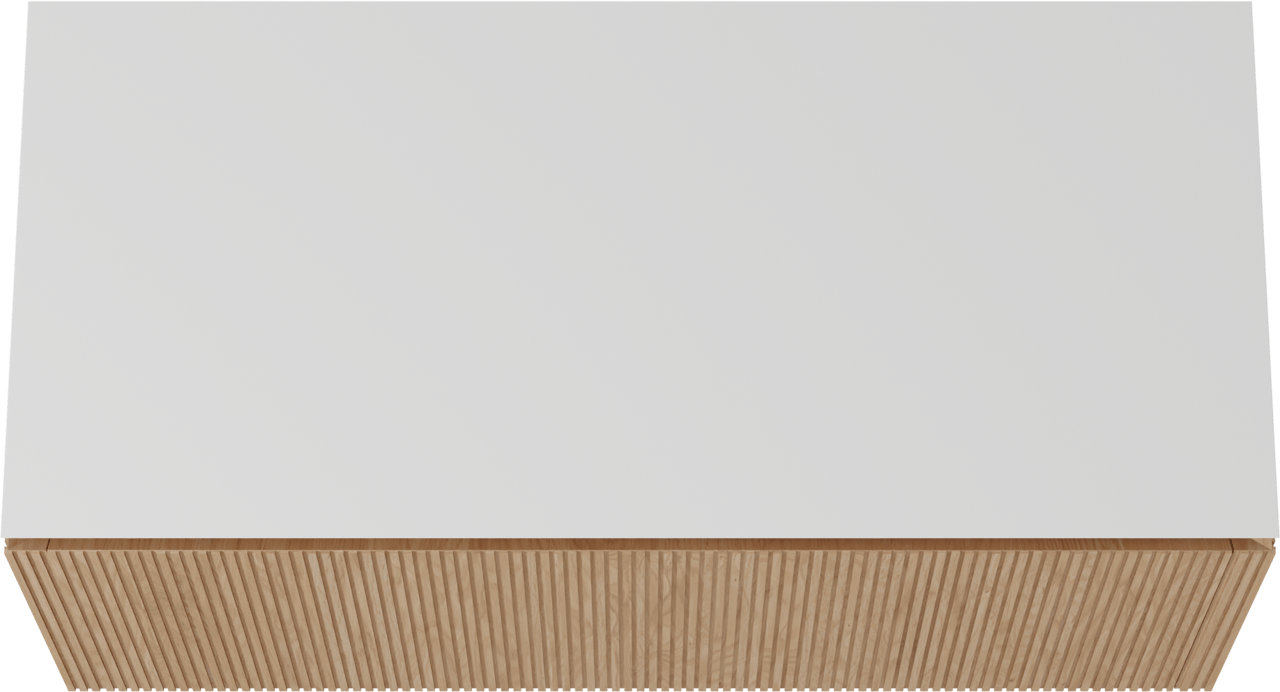 Balmani Eclips zwevend badkamermeubel 120 x 55 cm Natuur eik met Eclips enkele of dubbele tablet in Solid Surface mat wit, Verticale symmetrische rechte ribbel