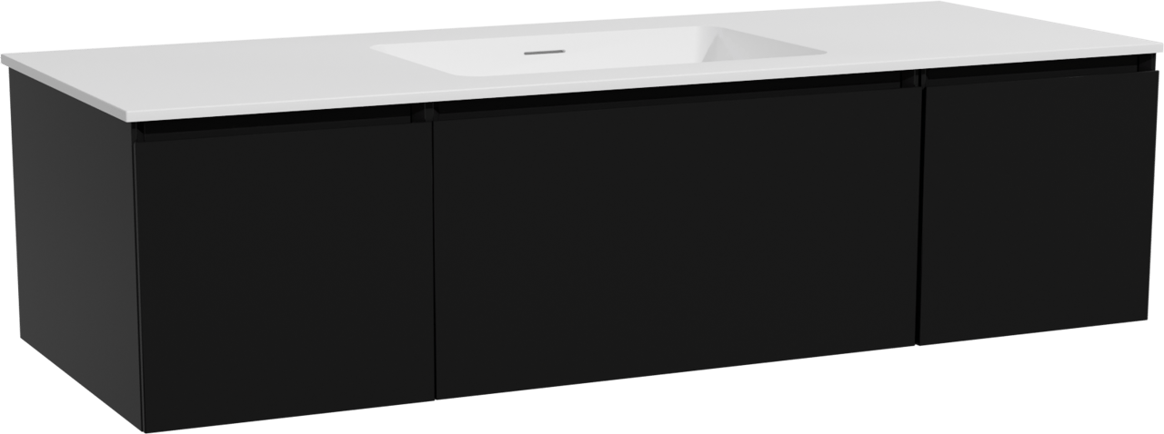 Storke Edge hängendes Möbelstück Set: 135 x 52 cm, Schwarz matt, mit Mata Einzelwaschtisch, Solid Surface Weiß matt