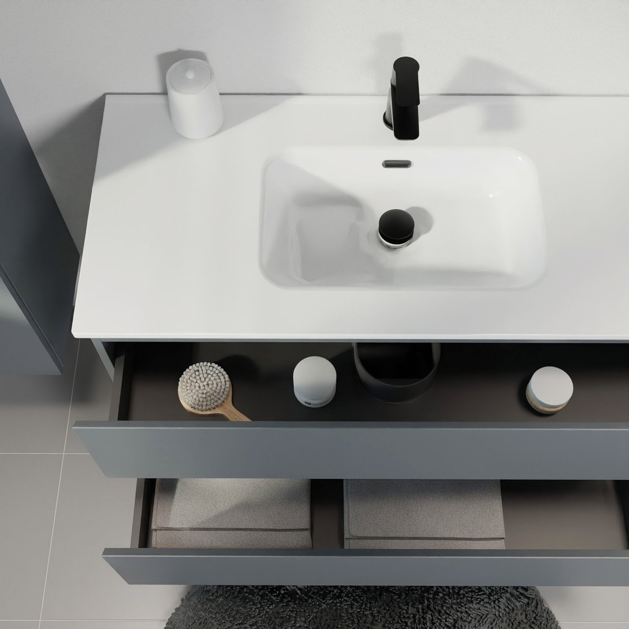 Linie Lado meuble salle de bains suspendu 120 x 46 cm bleu anthracite avec Baro double vasque en porcelaine blanc brillant