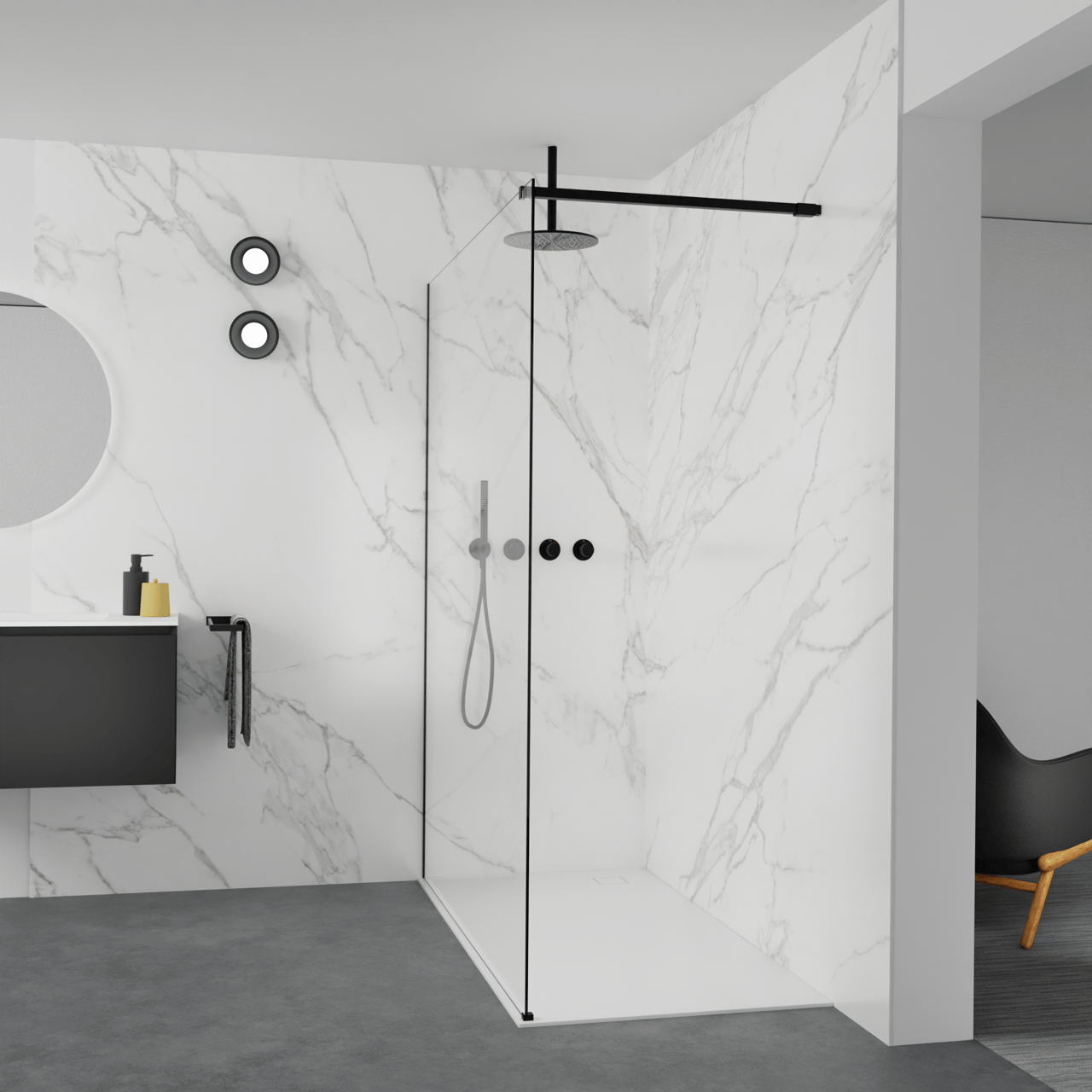 Balmani Modular Walk-In Dusche: 160 x 200 cm, Extra Klarglas, inklusive Coating, Profil Schwarz matt