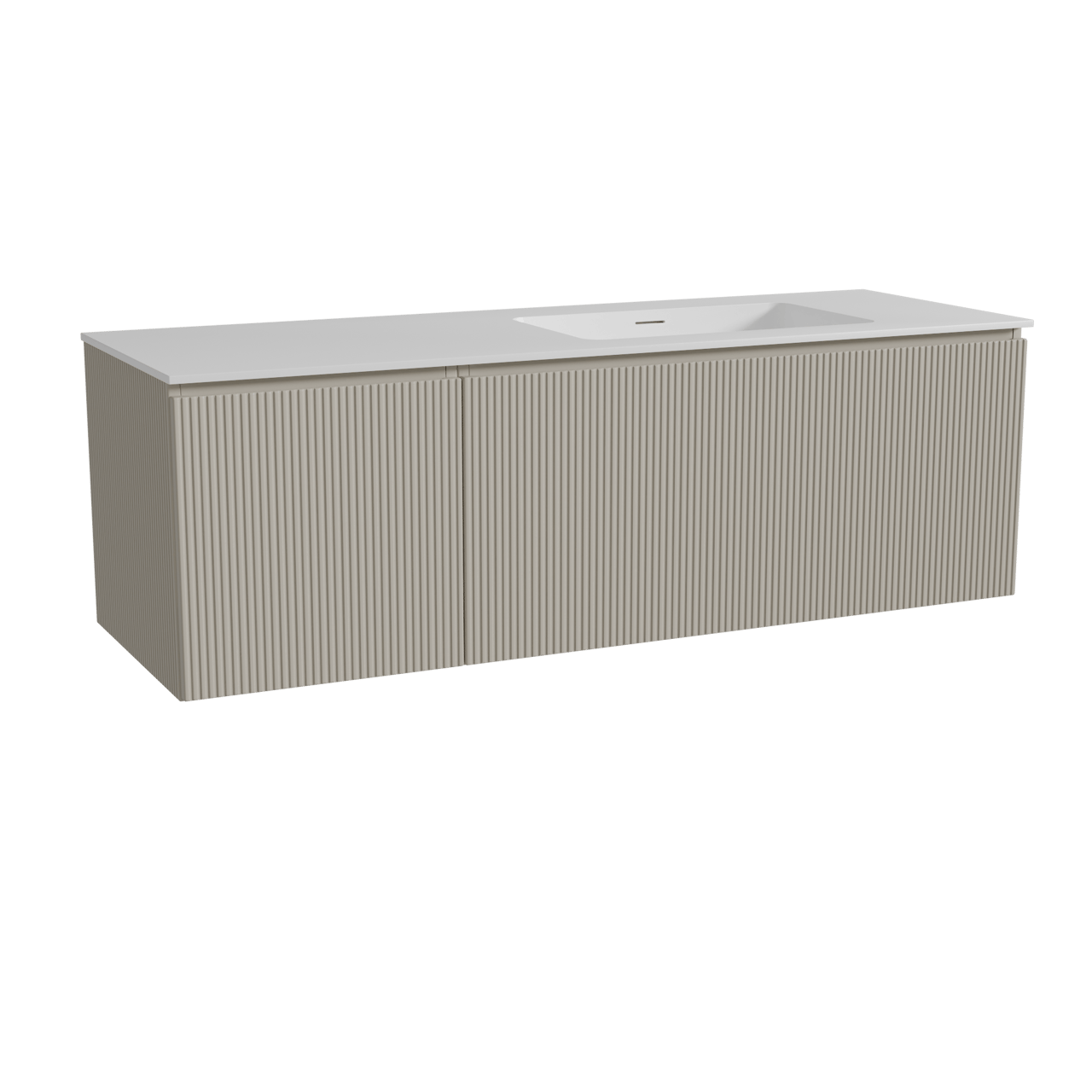 Storke Ribs hängendes Möbelstück Set: 150 x 52 cm, Seidengrau, mit Mata Waschtisch rechts, Solid Surface, Weiß matt, Vertikale symmetrische gerade Rippe
