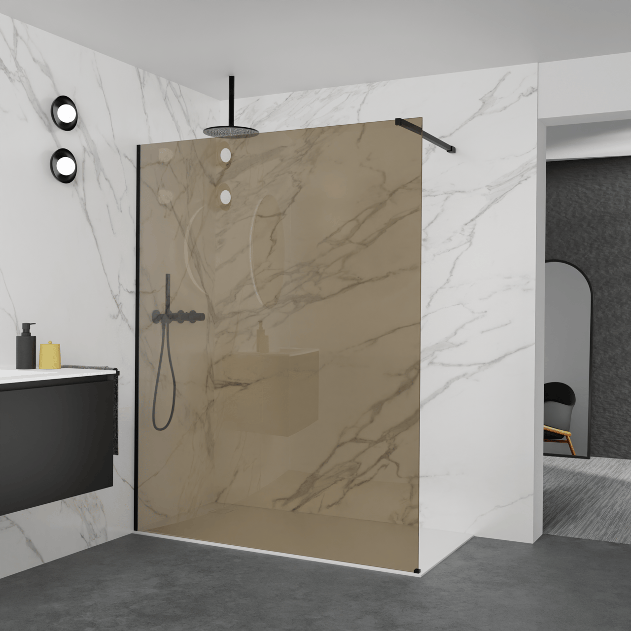 Balmani Modular douche à l'italienne: 160 x 200 cm, Verre bronze, avec coating, Profil Noir mat