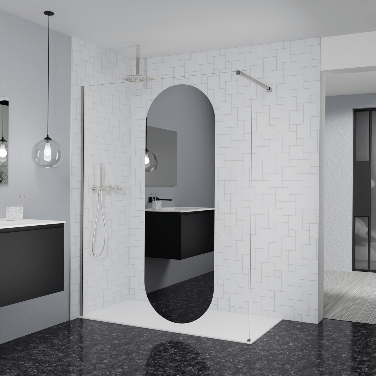 Balmani Modular Walk-In Dusche: 160 x 200 cm, Reflex-Spiegelglas Oval, Profil Brushed CoolMetal