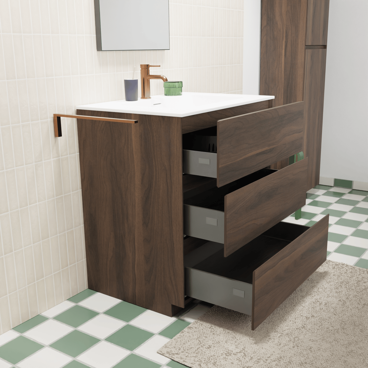 Storke Edge staand badmeubel 75 x 52 cm notenhout met Mata enkele wastafel in solid surface mat wit