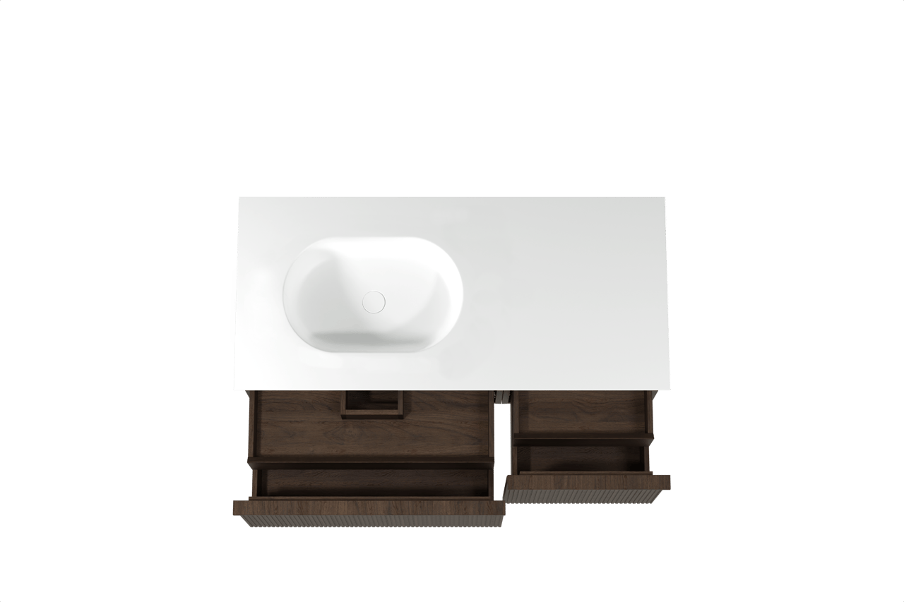 Balmani Forma hängendes Möbelstück Set: 120 x 55 cm, Geräucherte Eiche, mit Tablo Oval Waschtisch links, Solid Surface, Weiß matt, Vertikale symmetrische gerade Rippe