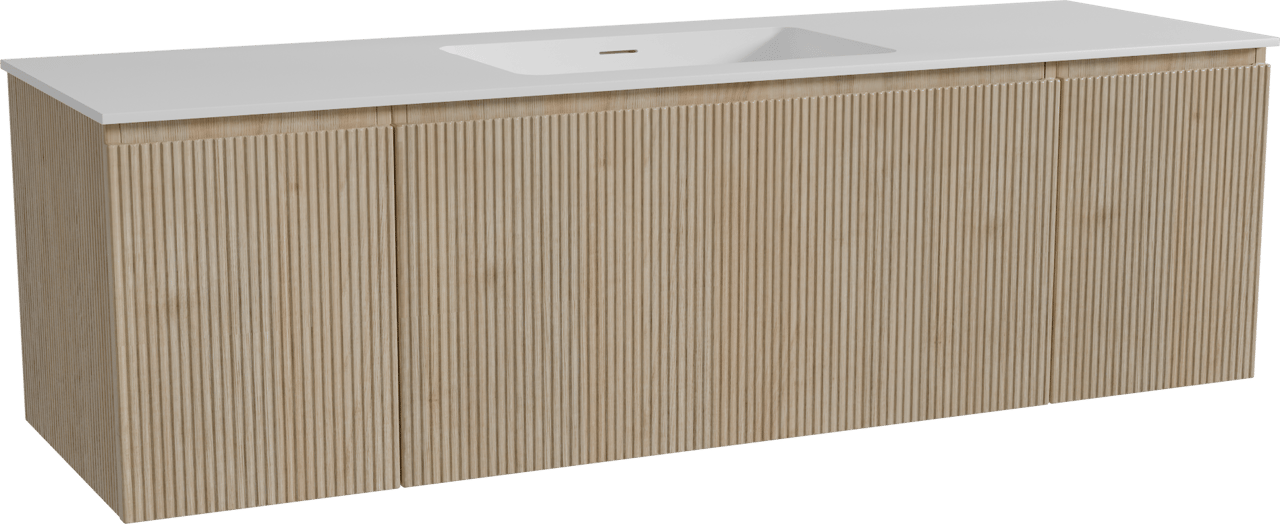 Storke Ribs hängendes Möbelstück Set: 165 x 52 cm, Rohe Eiche, mit Mata Einzelwaschtisch, Solid Surface, Weiß matt, Vertikale symmetrische gerade Rippe