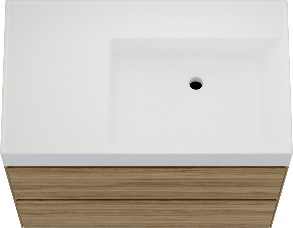 Balmani Mitra Compact hängendes Möbelstück Set: 80 x 46 cm, Wildeiche, mit Argila Waschtisch rechts Marmorkomposit Weiβ matt