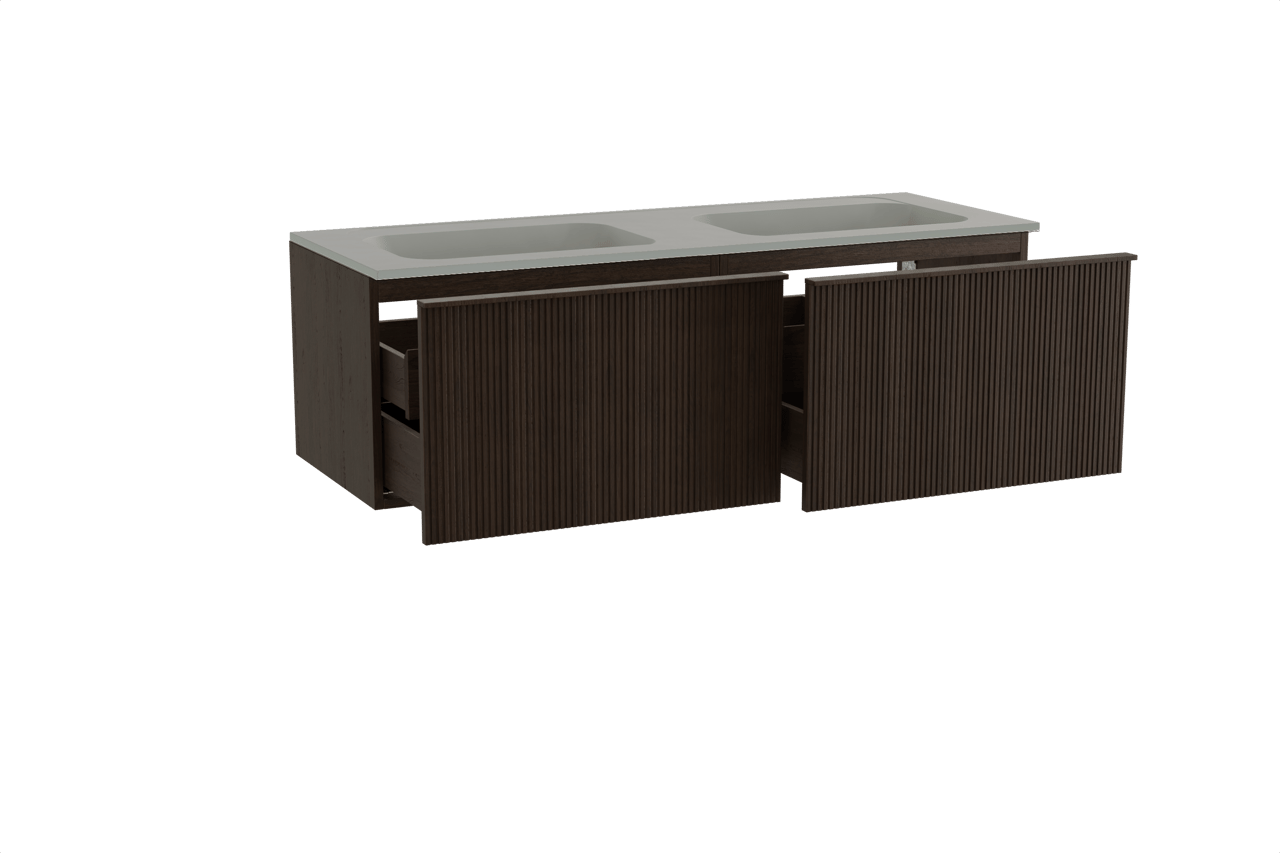 Balmani Forma hängendes Möbelstück Set: 150 x 55 cm, Geräucherte Eiche, mit Tablo Strada Doppelwaschtisch, Marmorkomposit, Seidengrau, Vertikale symmetrische gerade Rippe