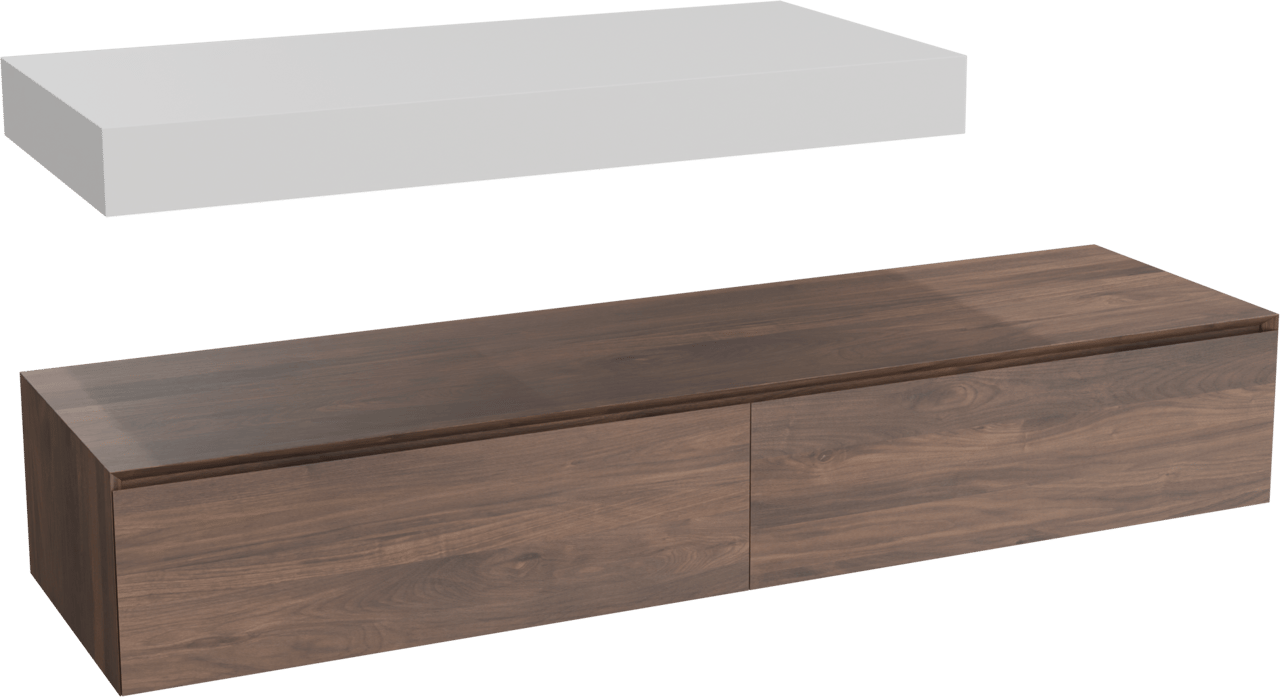 Balmani Mitra Elements zwevend badmeubel 180 x 55 cm Amerikaanse notenhout met Dominus enkel of dubbel tablet 120 cm in solid surface mat wit