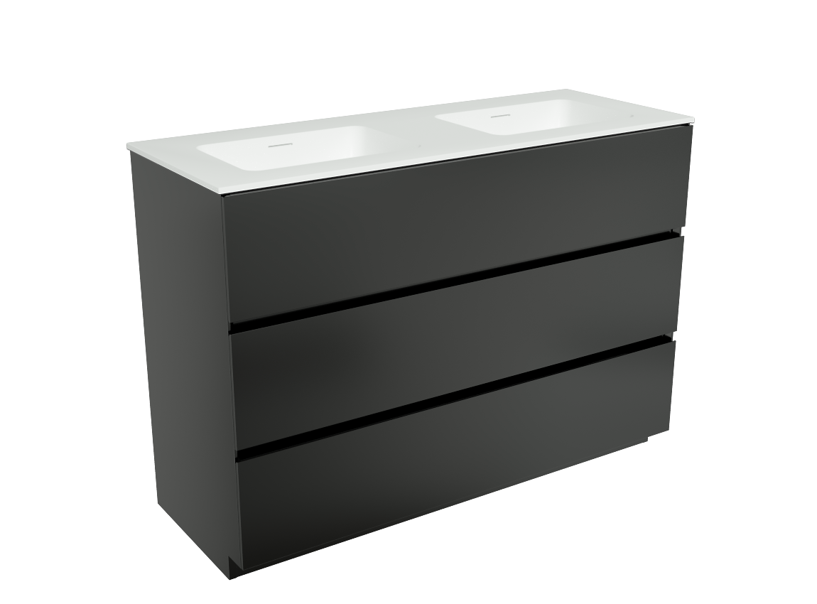 Storke Edge freistehendes Möbelstück Set: 120 x 46 cm, Schwarz matt, mit Mata Doppelwaschtisch, Solid Surface Weiß matt