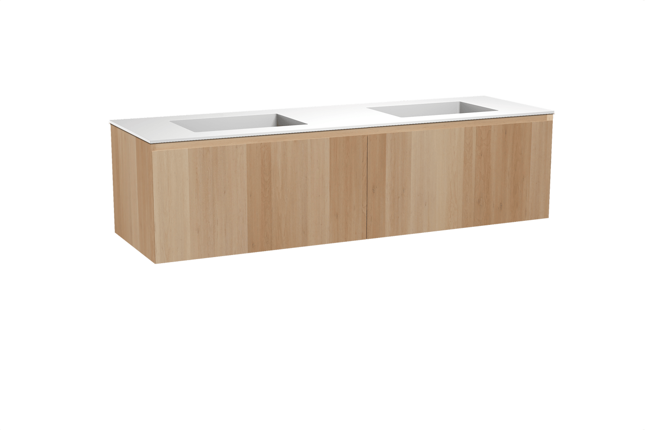 Balmani Idra hängendes Möbelstück Set: 180 x 55 cm, Naturbelassene Eiche, mit Tablo Stretto Doppelwaschtisch, Solid Surface Weiß matt