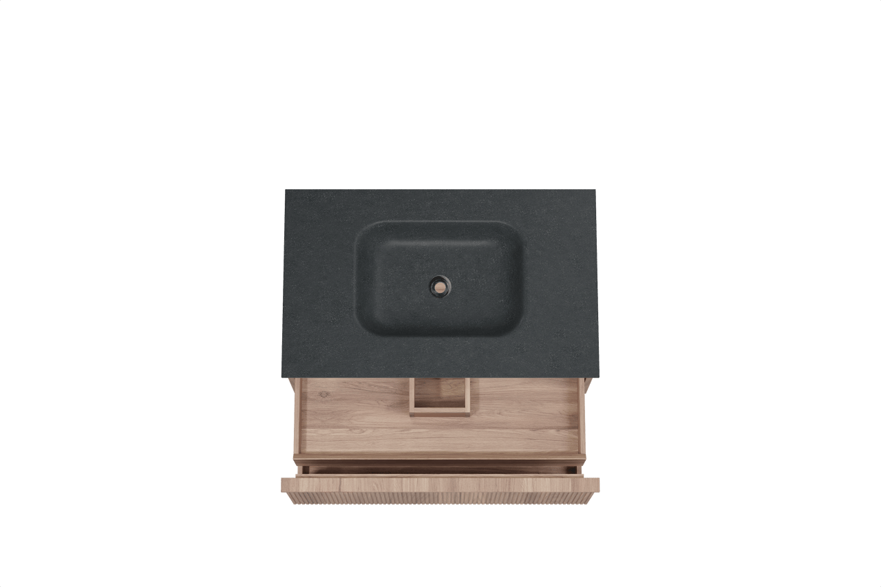 Balmani Forma hängendes Möbelstück Set: 90 x 55 cm, Teak, mit Tablo Arcato Einzelwaschtisch, Granit, Schwarzes Granit, Vertikale symmetrische gerade Rippe