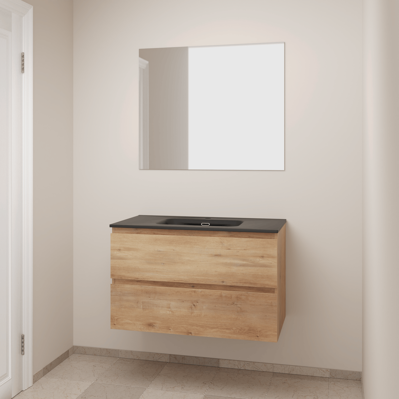 Linie Lado zwevend badkamermeubel 90 x 46 cm natuur eik met Baro enkele wastafel in porselein mat zwart en Soto badkamerspiegel