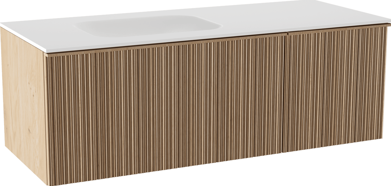 Balmani Forma hängendes Möbelstück Set: 135 x 55 cm, Naturbelassene Eiche, mit Tablo Arcato Waschtisch links, Solid Surface, Weiß matt, Vertikale asymmetrische Runde Rippe