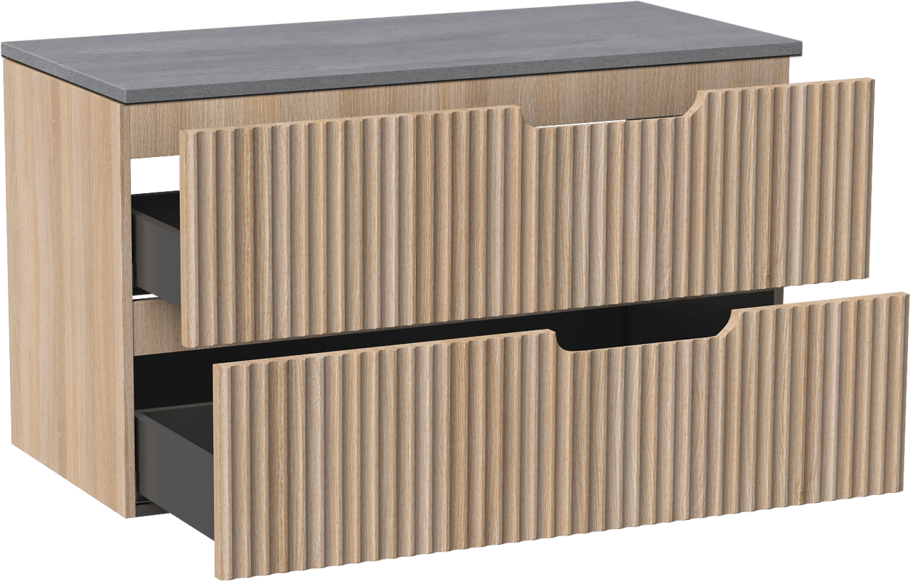 Linie Ribbo zwevend badmeubel 100 x 46 cm licht eiken met Lado enkel of dubbel wastafelblad in melamine beton donkergrijs, Verticale symmetrische ronde ribbel