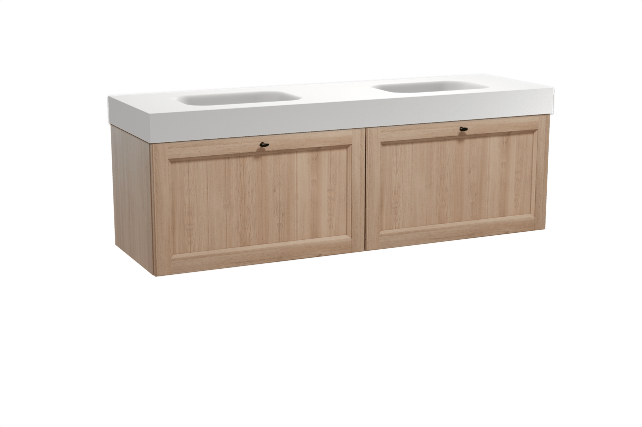 Balmani Lemon hängendes Möbelstück Set: 180 x 55 cm, Verwitterte Eiche, mit Arcato Doppelwaschtisch, Solid Surface Weiß matt