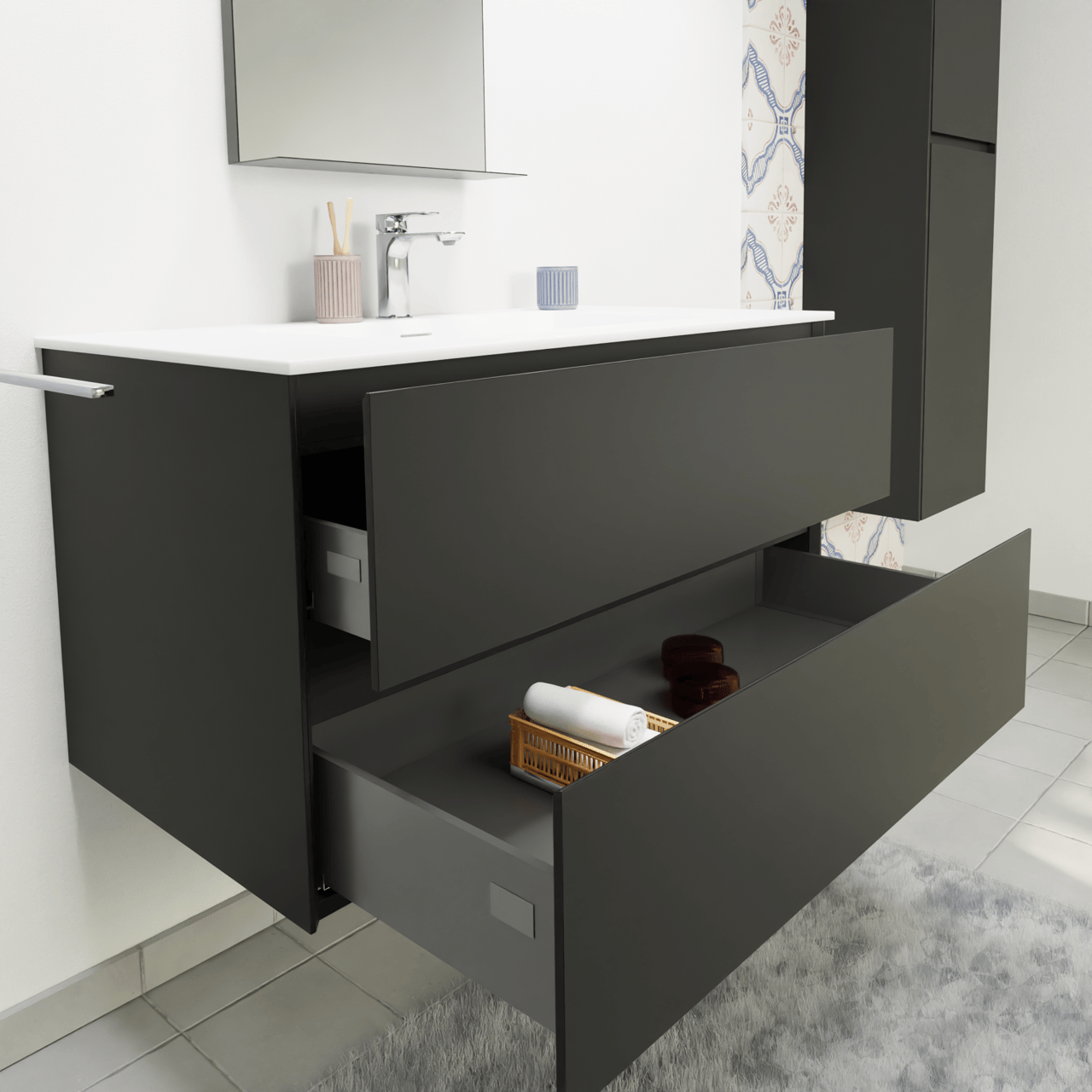 Storke Edge hängendes Möbelstück Set: 95 x 52 cm, Schwarz matt, mit Mata Einzelwaschtisch, Solid Surface Weiß matt