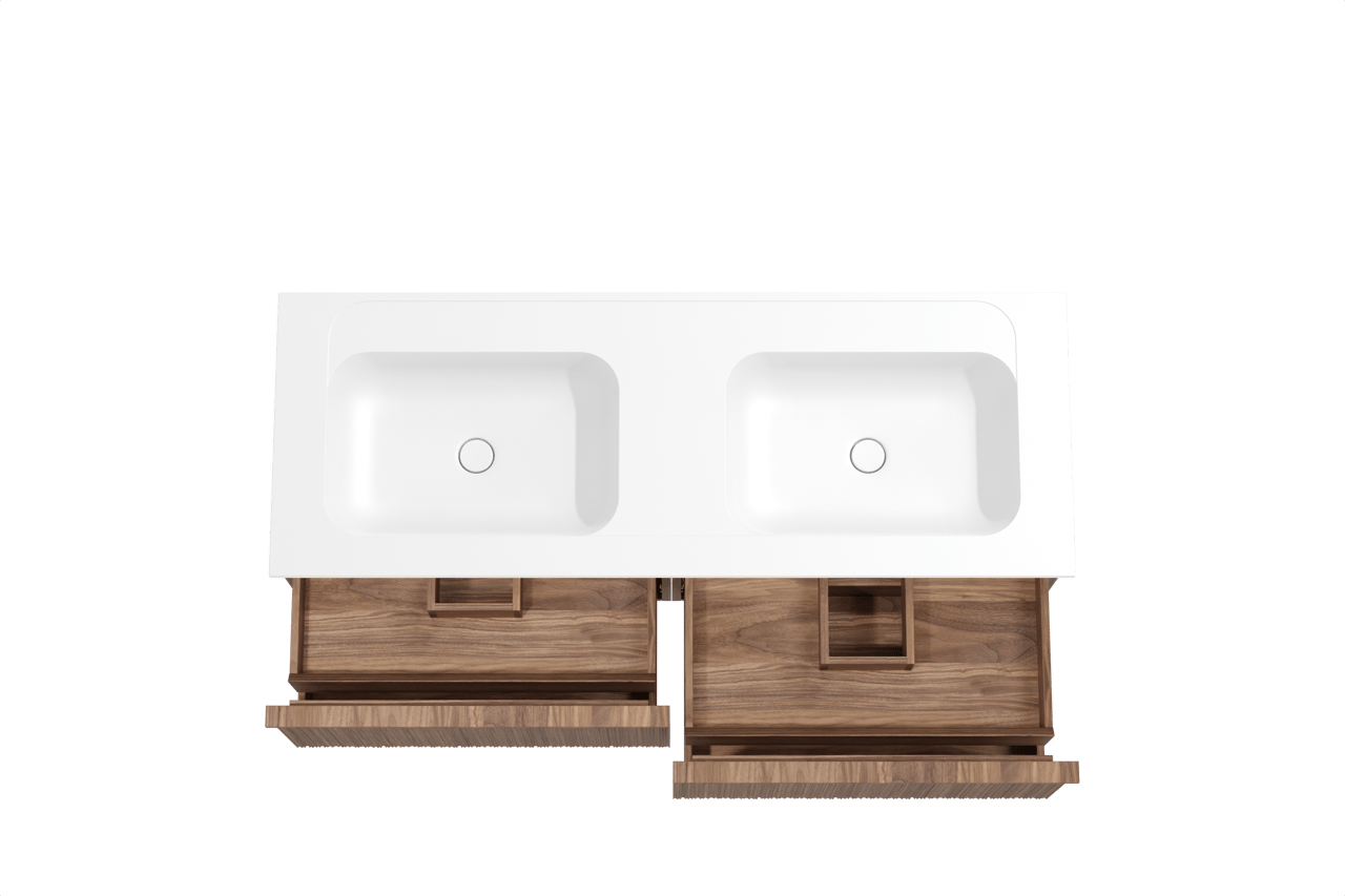 Balmani Forma meuble salle de bains suspendu 150 x 55 cm noyer américain avec Tablo Strada double vasque en marbre composite blanc mat, Nervure circulaire asymétrique verticale