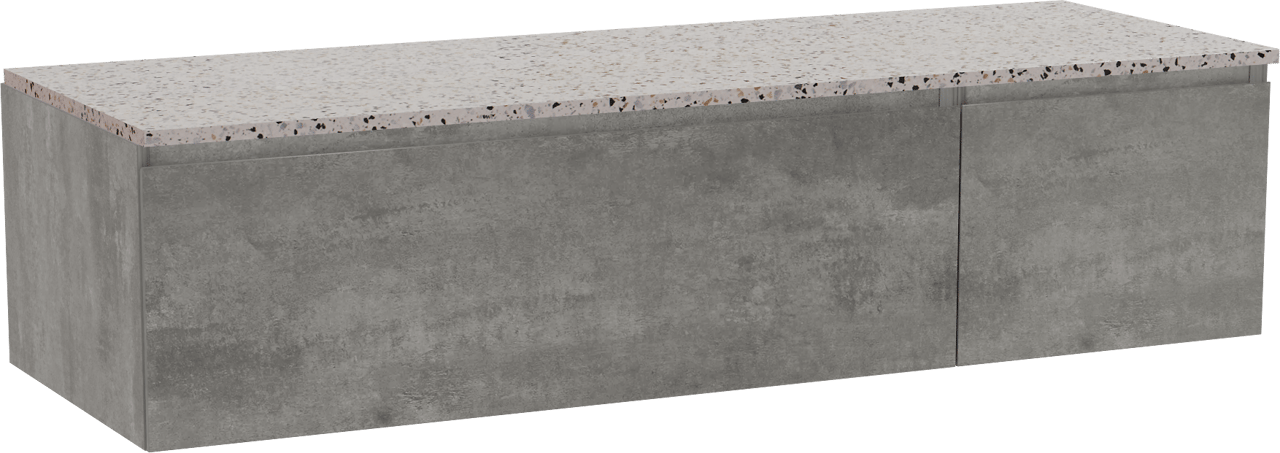 Storke Edge zwevend badmeubel 150 x 52 cm beton donkergrijs met Tavola enkel of dubbel wastafelblad in mat wit/zwart terrazzo