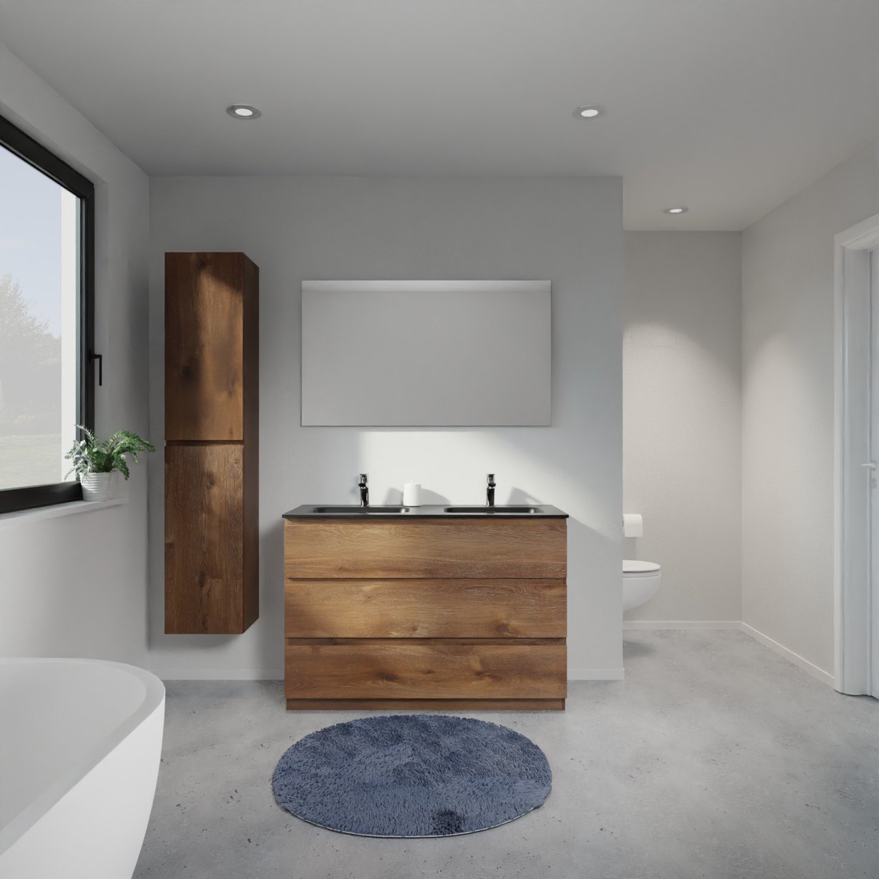 Linie Lado freistehendes Möbelstück Set: 120 x 46 cm, Braune Eiche, mit Baro Doppelwaschtisch, Porzellan Schwarz matt