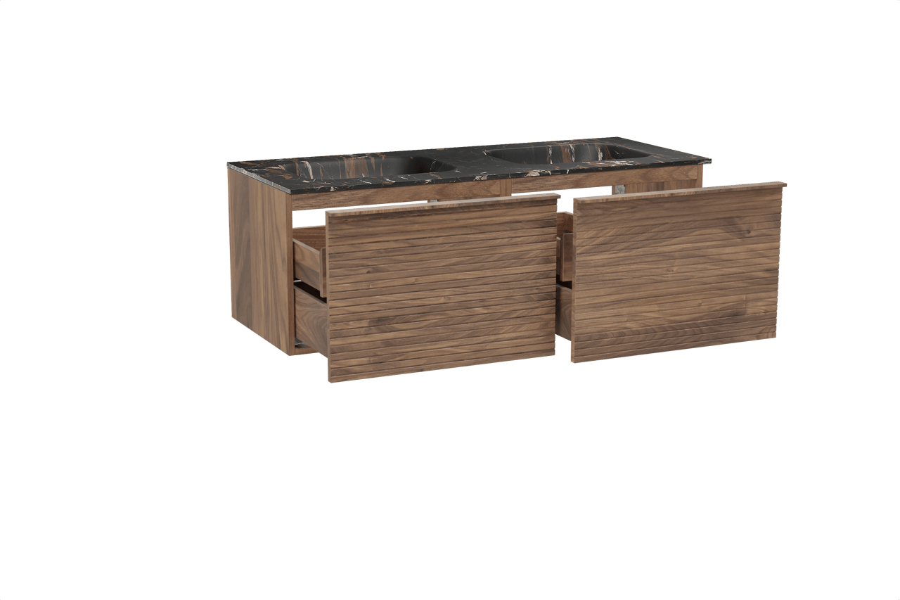 Balmani Forma hängendes Möbelstück Set: 135 x 55 cm, Amerikanischer Nussbaum, mit Tablo Arcato Doppelwaschtisch, Marmor, Portoro Gold, Horizontale symmetrische gerade Rippe