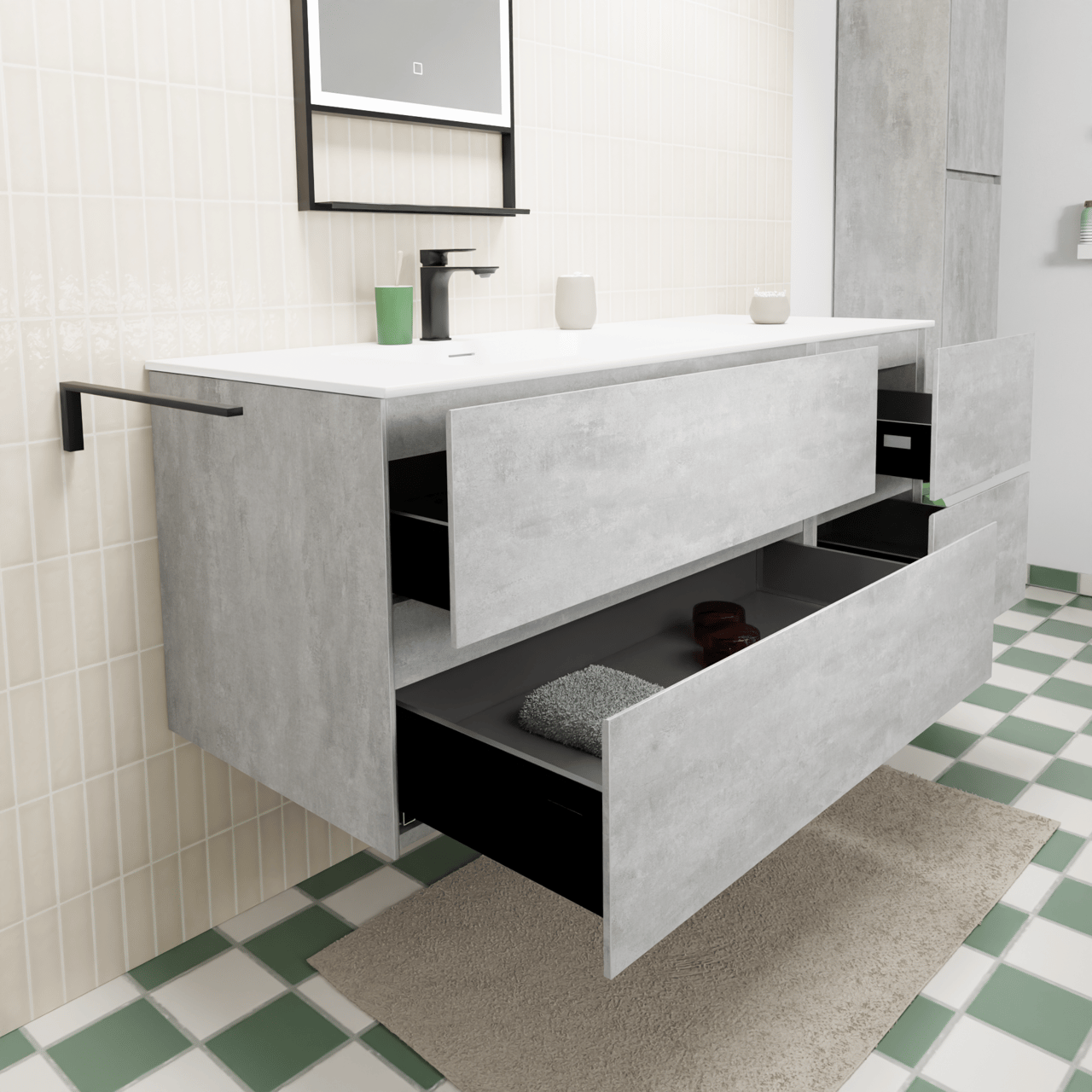 Storke Edge hängendes Möbelstück Set: 140 x 52 cm, Beton dunkelgrau, mit Mata Waschtisch links, Solid Surface Weiß matt