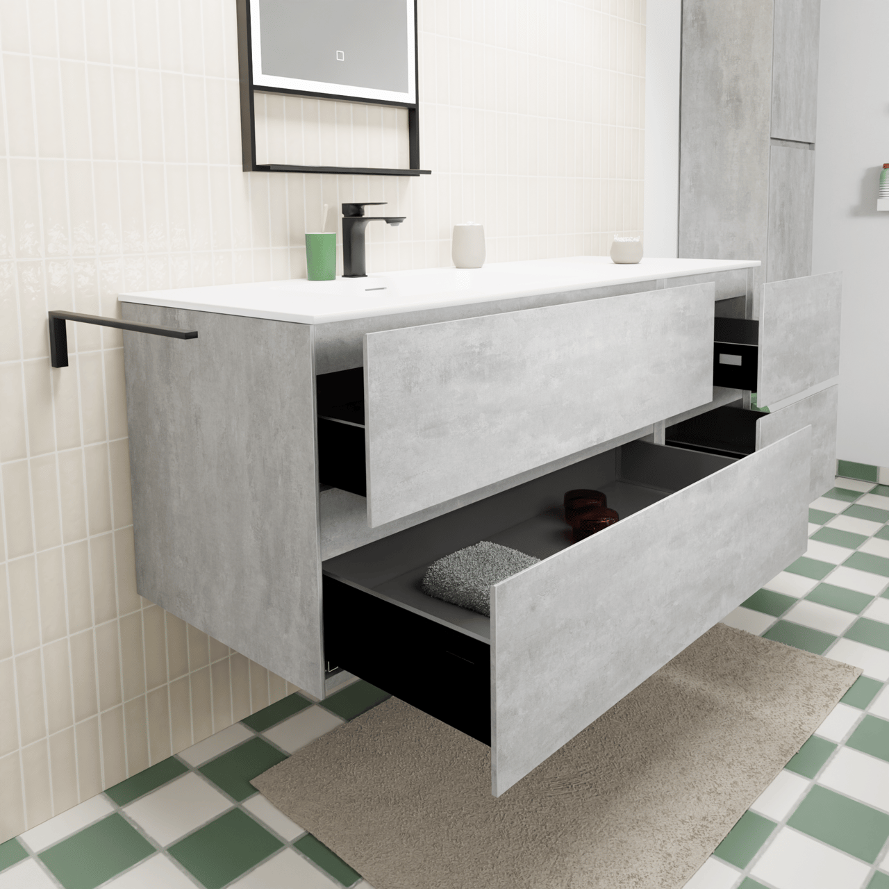 Storke Edge hängendes Möbelstück Set: 140 x 52 cm, Beton dunkelgrau, mit Mata Waschtisch links, Solid Surface Weiß matt