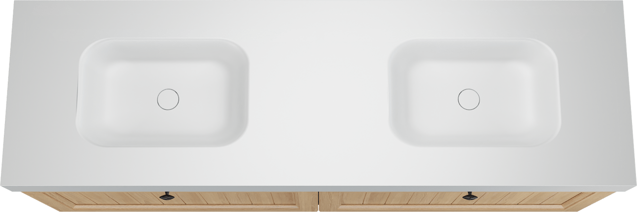 Balmani Lemon hängendes Möbelstück Set: 180 x 55 cm, Naturbelassene Eiche Furnier, mit Arcato Doppelwaschtisch, Weiß matt