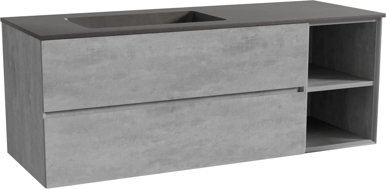 Storke Edge zwevend badmeubel 140 x 52 cm beton donkergrijs met Scuro asymmetrisch linkse wastafel in kwarts mat zwart