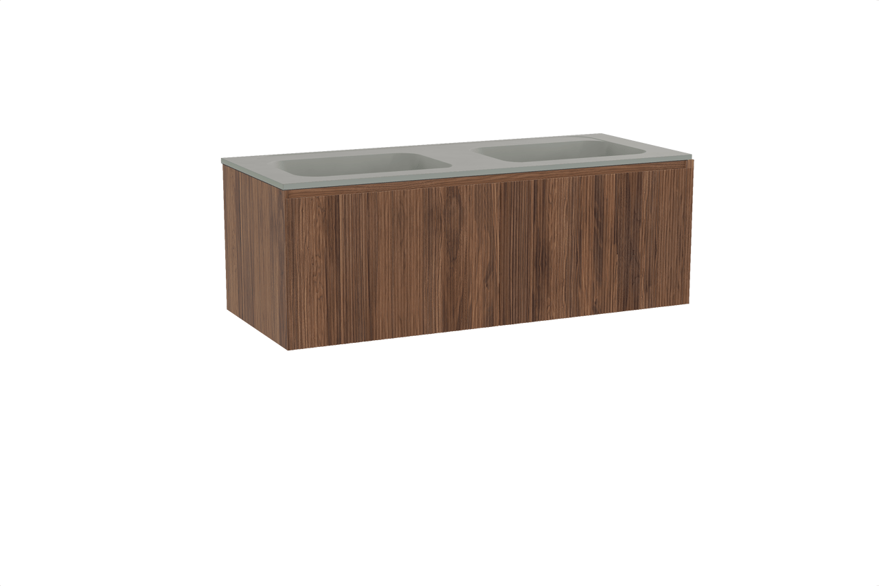 Balmani Fila hängendes Möbelstück Set: 135 x 55 cm, Nussbaum, mit Tablo Strada Doppelwaschtisch, Marmorkomposit, Seidengrau, Vertikale symmetrische gerade Rippe