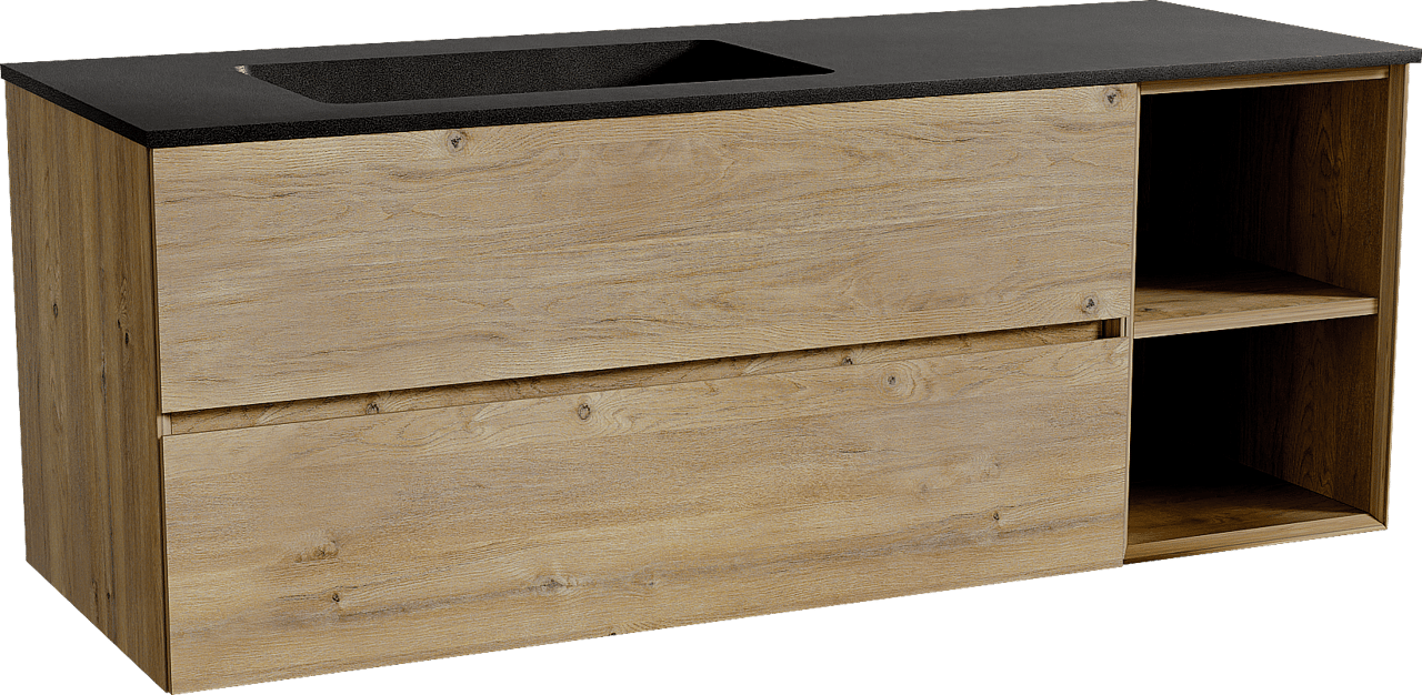 Storke Edge zwevend badmeubel 140 x 52 cm ruw eiken met Scuro asymmetrisch linkse wastafel in kwarts mat zwart