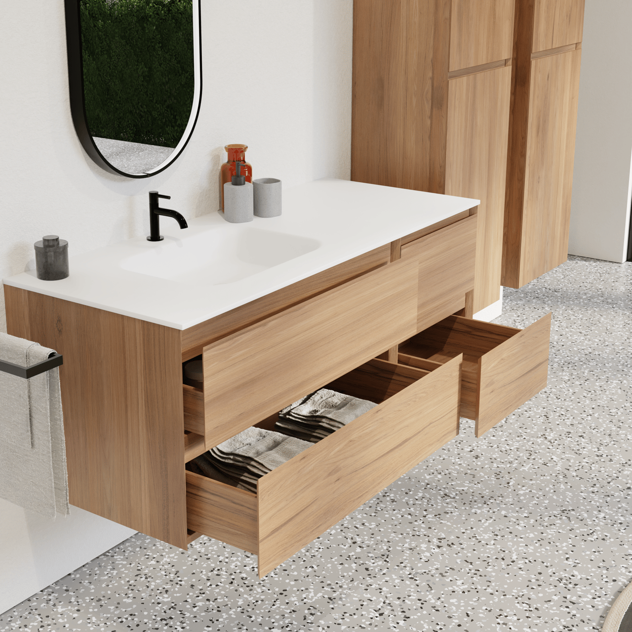 Balmani Mitra hängendes Möbelstück Set: 135 x 55 cm, Teak, mit Tablo Arcato Waschtisch links, Solid Surface Weiß matt