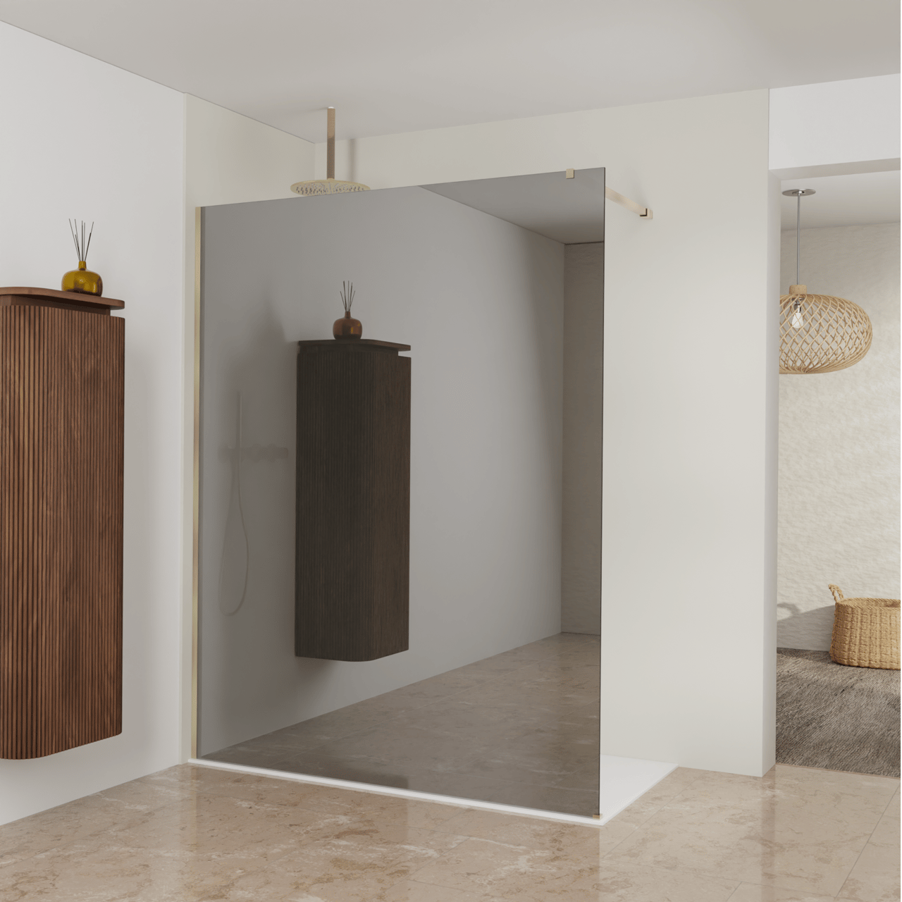 Balmani Modular Walk-In Dusche: 160 x 200 cm, Reflex-Spiegelglas, inklusive Coating, Profil Brushed Champagne Gold
