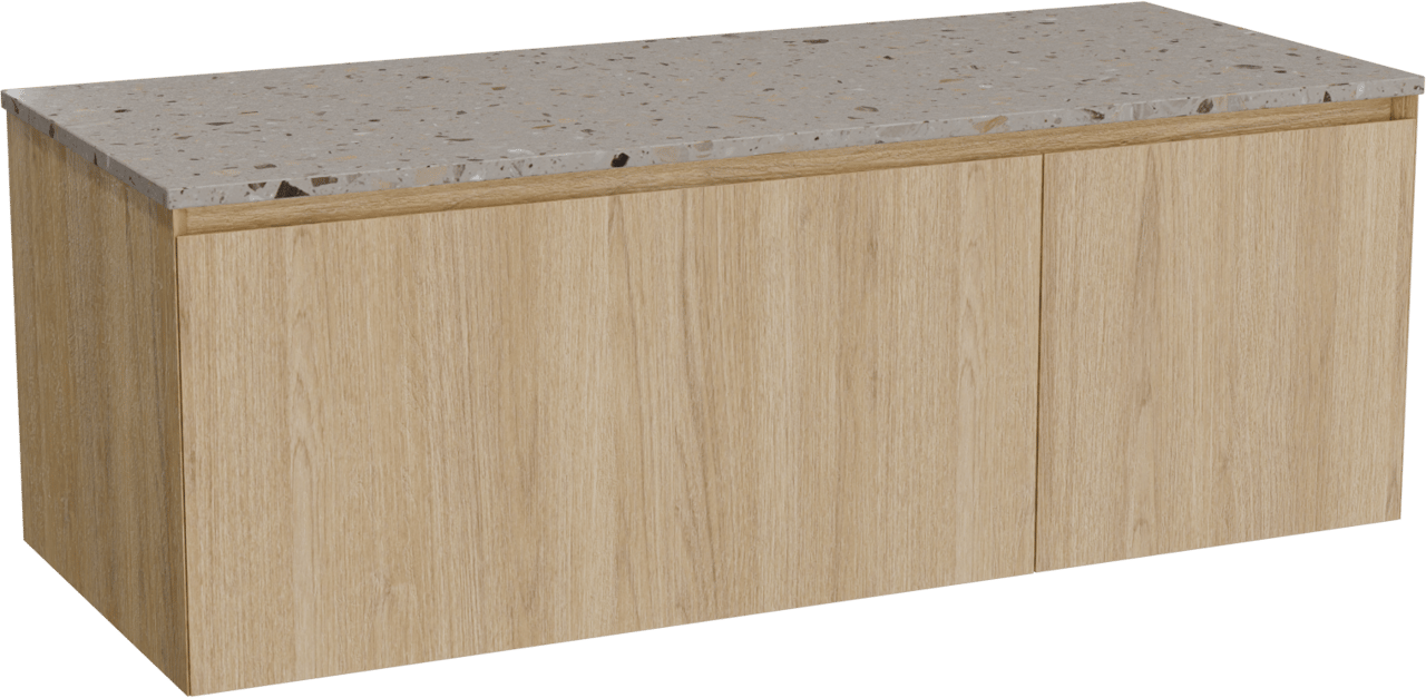 Balmani Idra zwevend badmeubel 135 x 55 cm naturel eiken met Stretto enkel of dubbel wastafelblad in terrazzo greige terrazzo