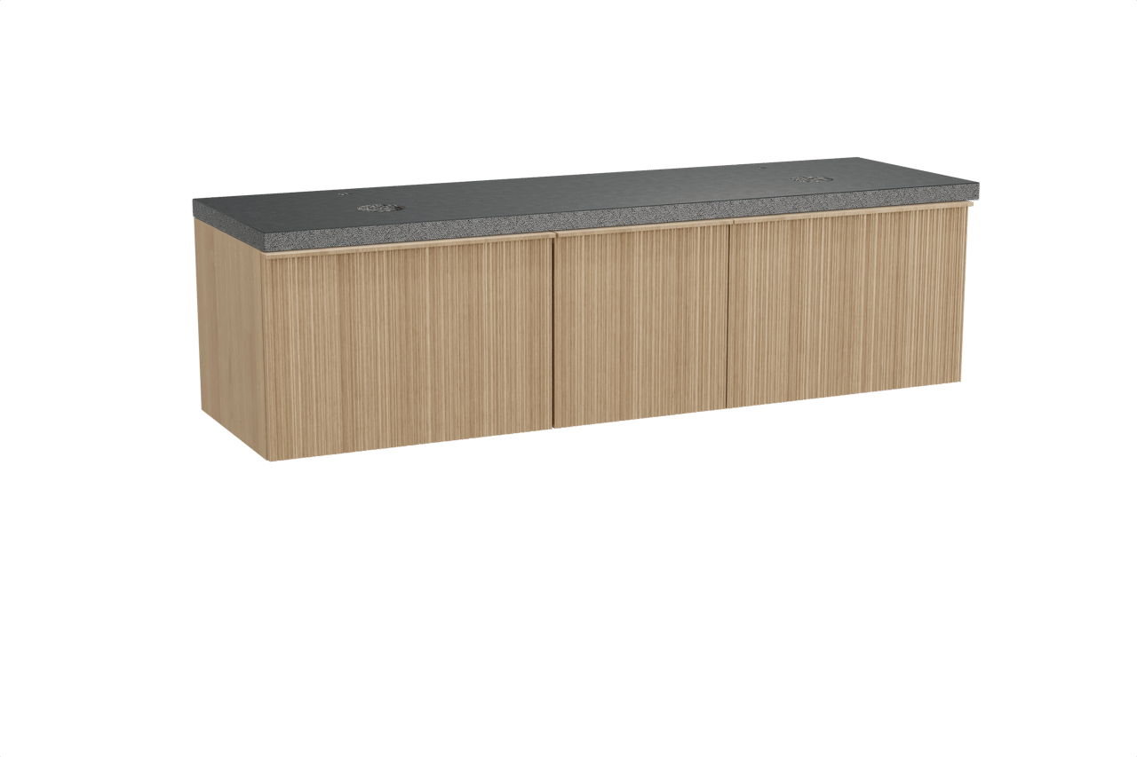 Balmani Forma zwevend badmeubel 180 x 55 cm naturel eiken met Rock dubbel wastafelblad in zwart graniet, Verticale asymmetrische ronde ribbel