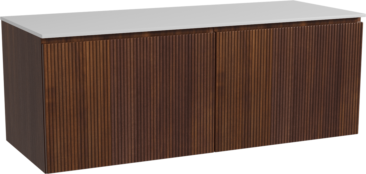 Storke Ribs zwevend badmeubel 130 x 52 cm notenhout met Tavola enkel of dubbel wastafelblad in solid surface mat wit, Verticale symmetrische rechte ribbel