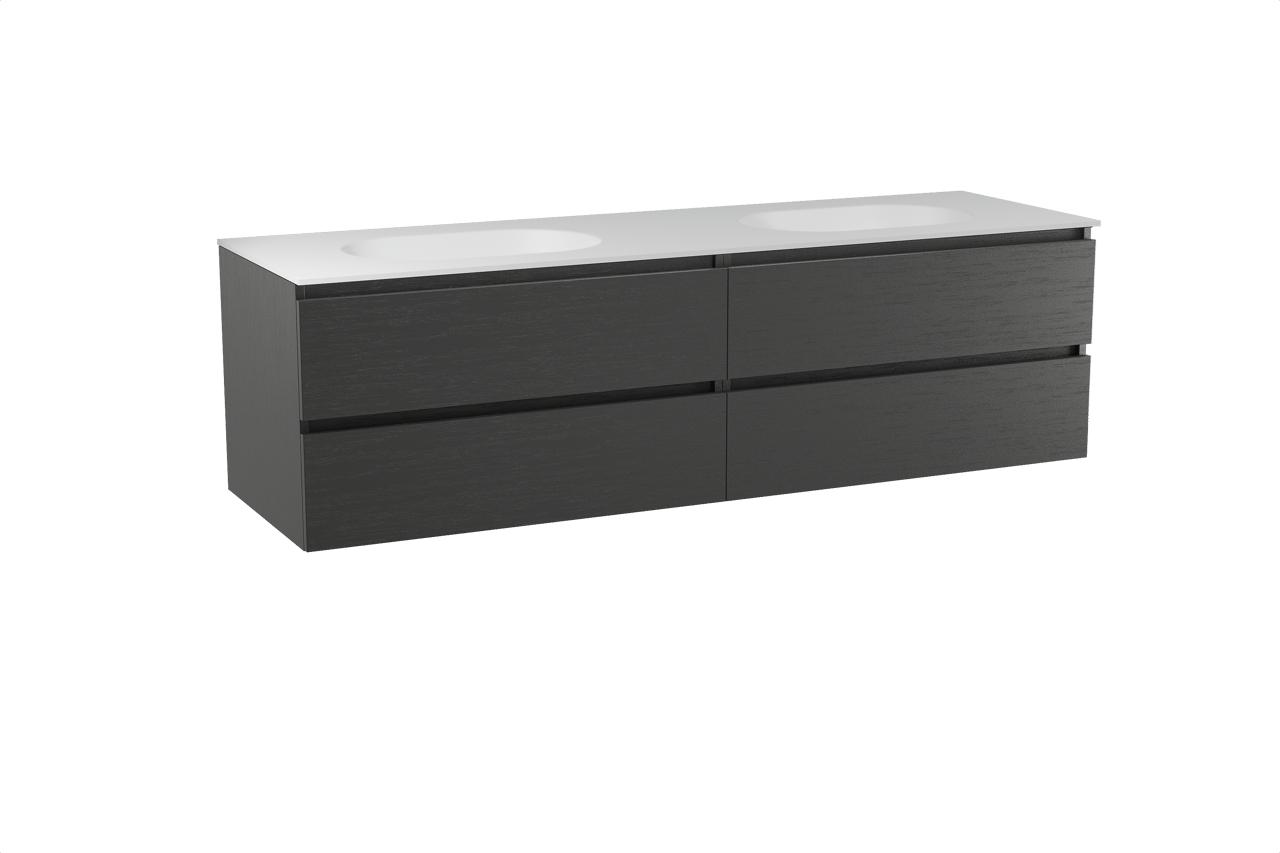 Balmani Lucida zwevend badkamermeubel 180 x 55 cm zwarte eik met Tablo Oval dubbele wastafel in solid surface mat wit