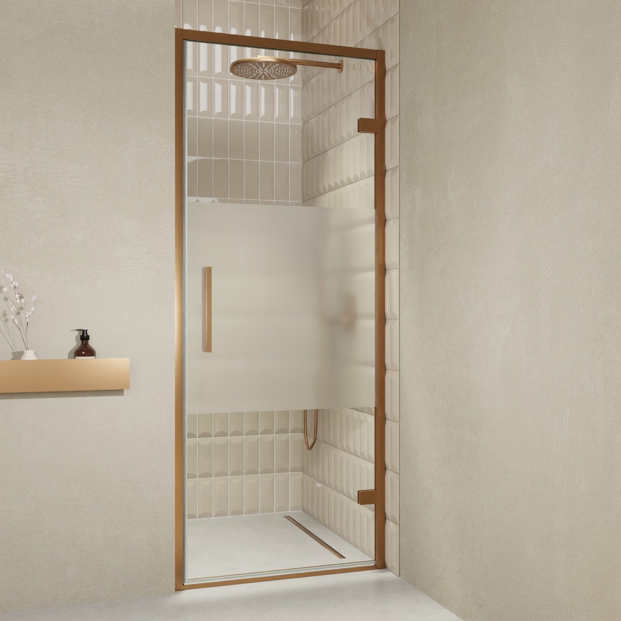 Balmani Senses Design porte pivotante à droite 90 cm x 210 cm verre transparent avec bande matte, Profil Brushed Rosegold