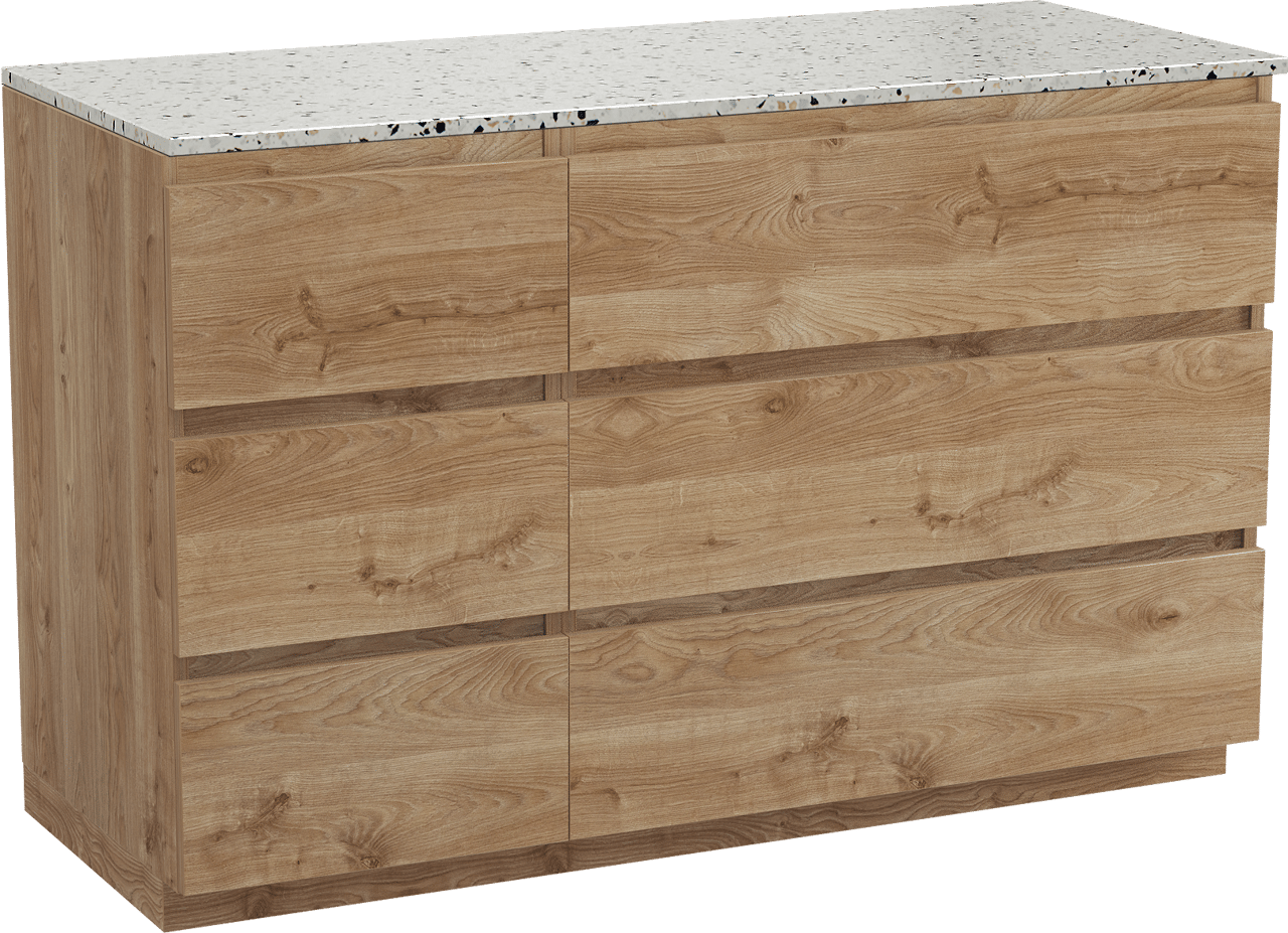 Balmani Lucida meuble salle de bains à poser 135 x 55 cm chêne brut avec Stretto tablette simple ou double en blanc/noir mat terrazzo