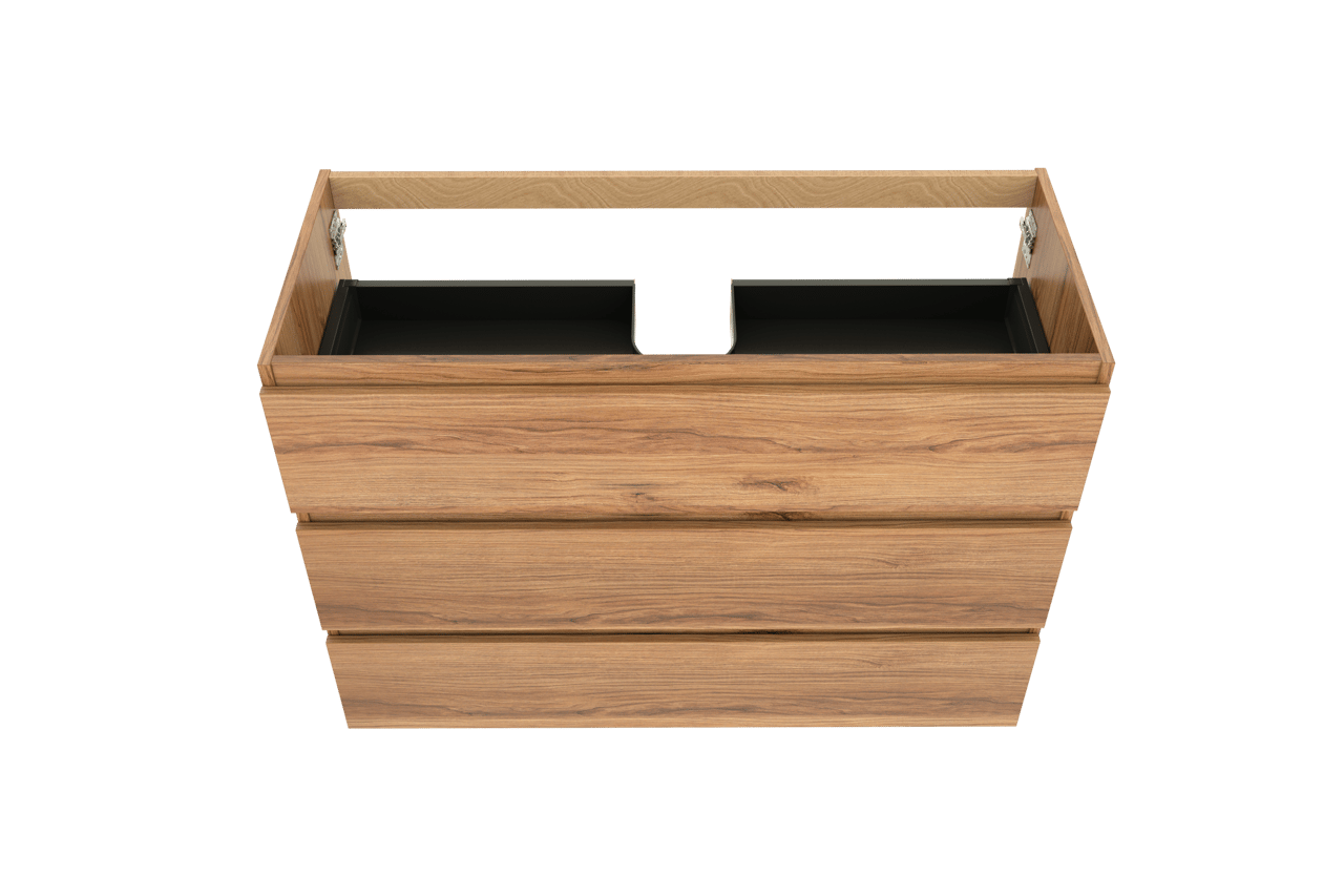 Balmani Lucida stehender Waschbeckenunterschrank: 120 x 55 cm, Teak, 3 Schubladen