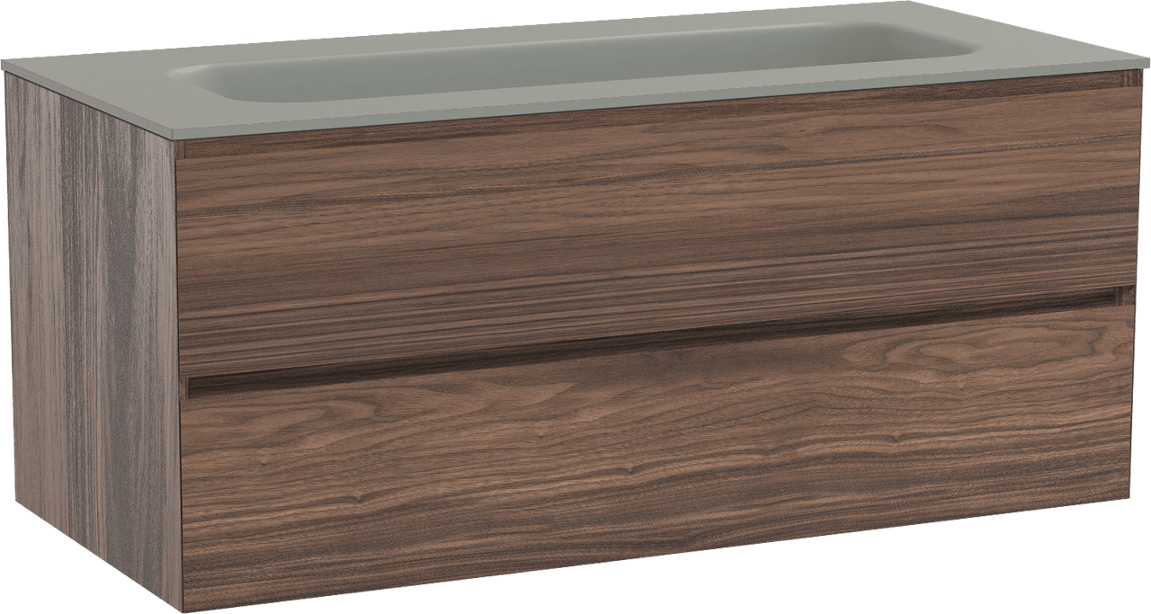 Balmani Mitra zwevend badmeubel 120 x 55 cm notenhout met Tablo Arcato enkele wastafel voor 2 kraangaten in solid surface steengrijs