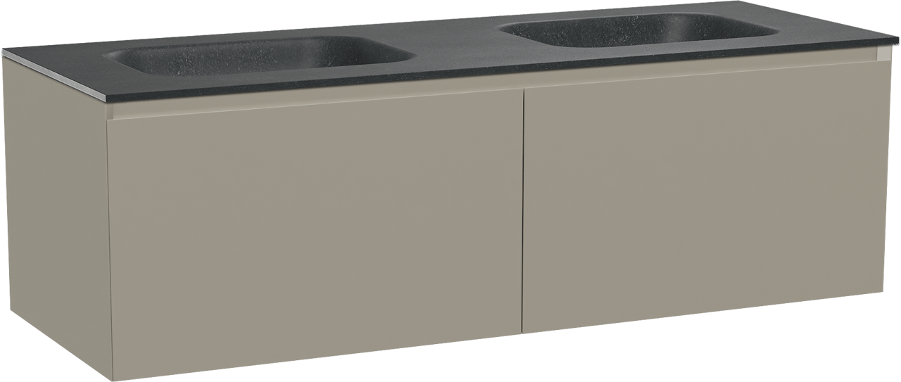 Balmani Idra hängendes Möbelstück Set: 150 x 55 cm, Steingrau, mit Tablo Arcato Doppelwaschtisch, Schwarzes Granit