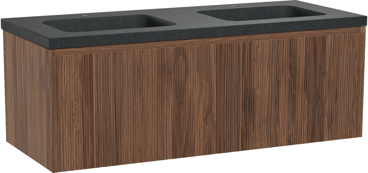 Balmani Fila meuble salle de bains suspendu 135 x 55 cm noyer avec Napoli double vasque en granit noir, Nervure droite symétrique verticale