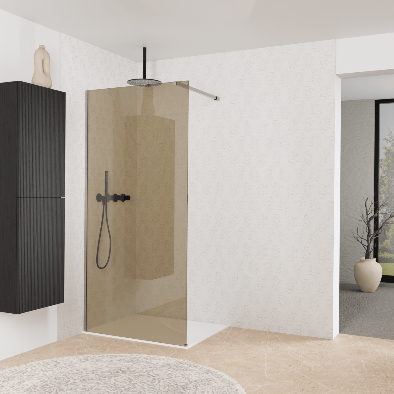 Balmani Modular douche à l'italienne: 100 x 200 cm, Verre bronze, Profil Brushed Inox