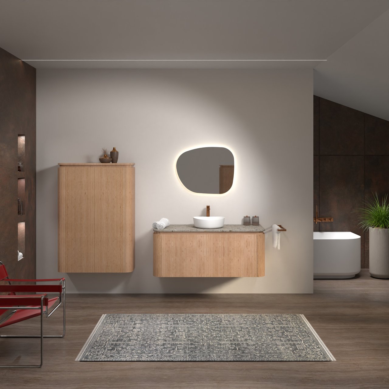 Balmani Moon meuble salle de bains suspendu 130 x 55 cm chêne naturel avec Moon tablette simple ou double en terrazzo greige terrazzo, Nervure droite symétrique verticale