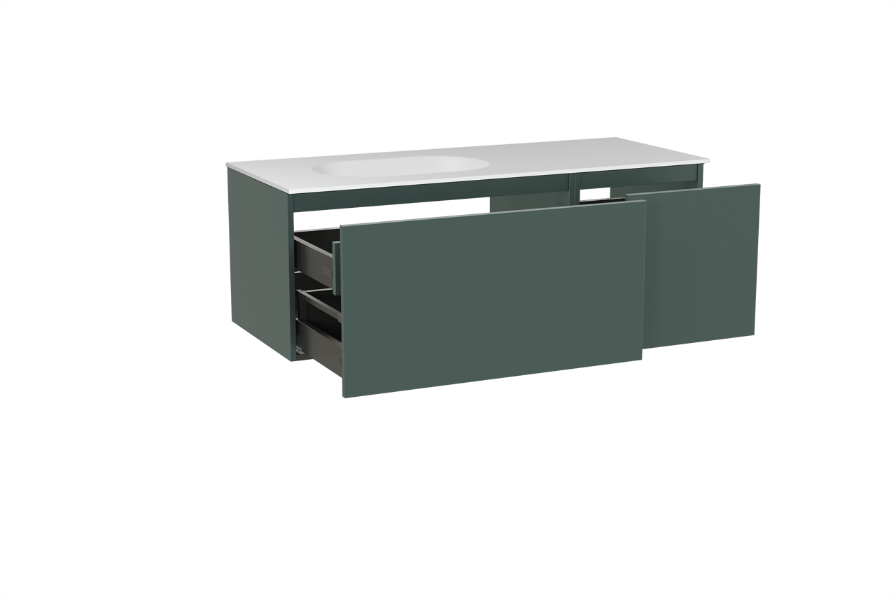 Balmani Sfera zwevend badmeubel 135 x 55 cm forest met Tablo Oval asymmetrisch linkse wastafel in solid surface mat wit