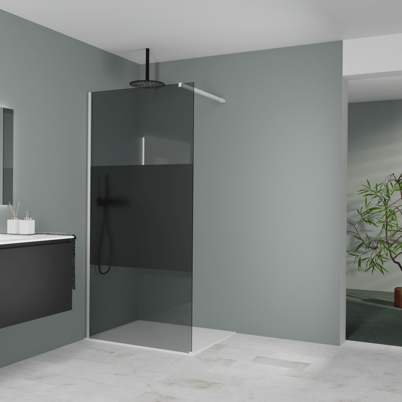 Balmani Modular Walk-In Dusche: 100 x 200 cm, Rauchglas mit mattiertem Streifen, inklusive Coating, Profil Weiß matt