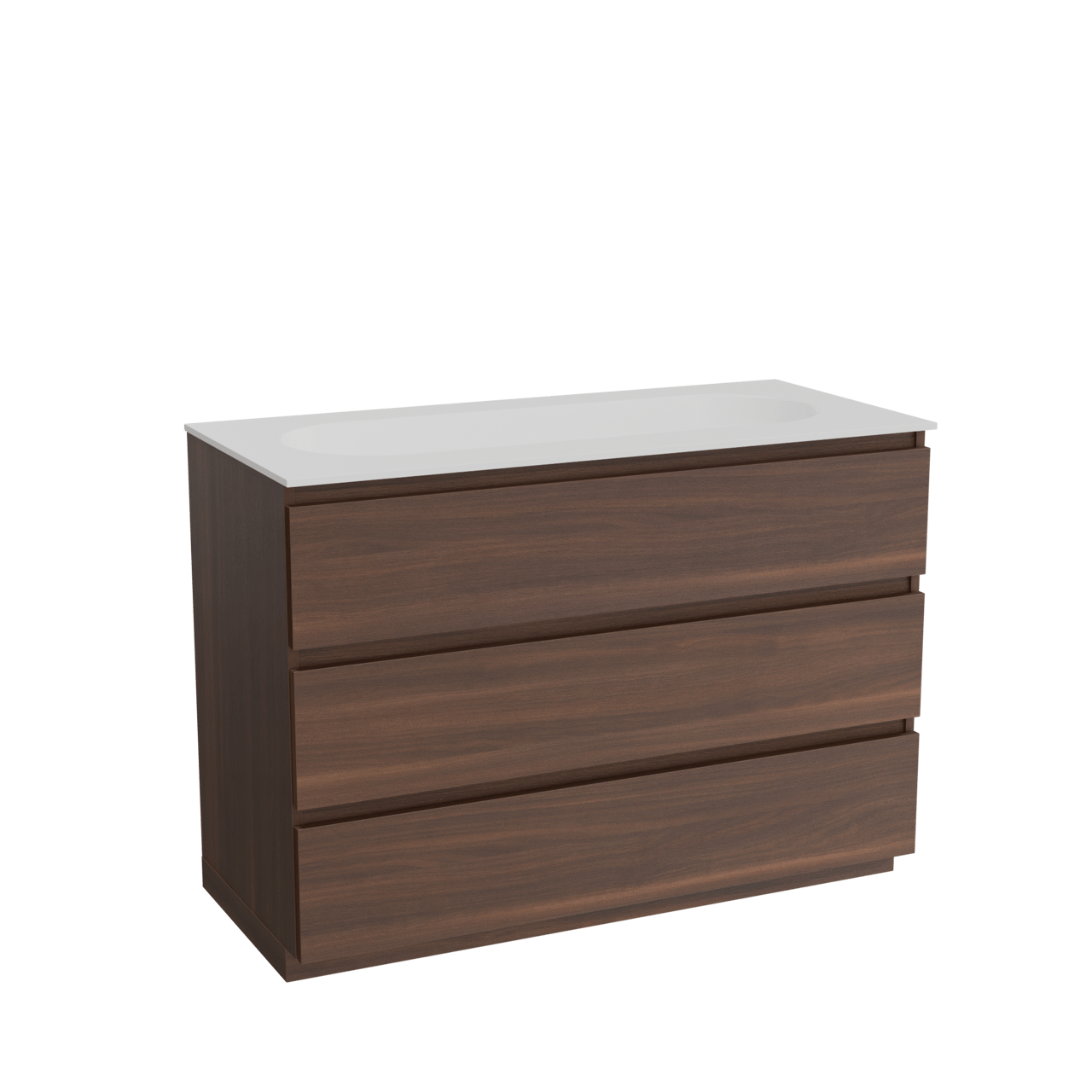 Balmani Lucida freistehendes Möbelstück Set: 120 x 55 cm, Amerikanischer Nussbaum, mit Tablo Oval Einzelwaschtisch für 2 Armaturenlöcher, Solid Surface Weiß matt