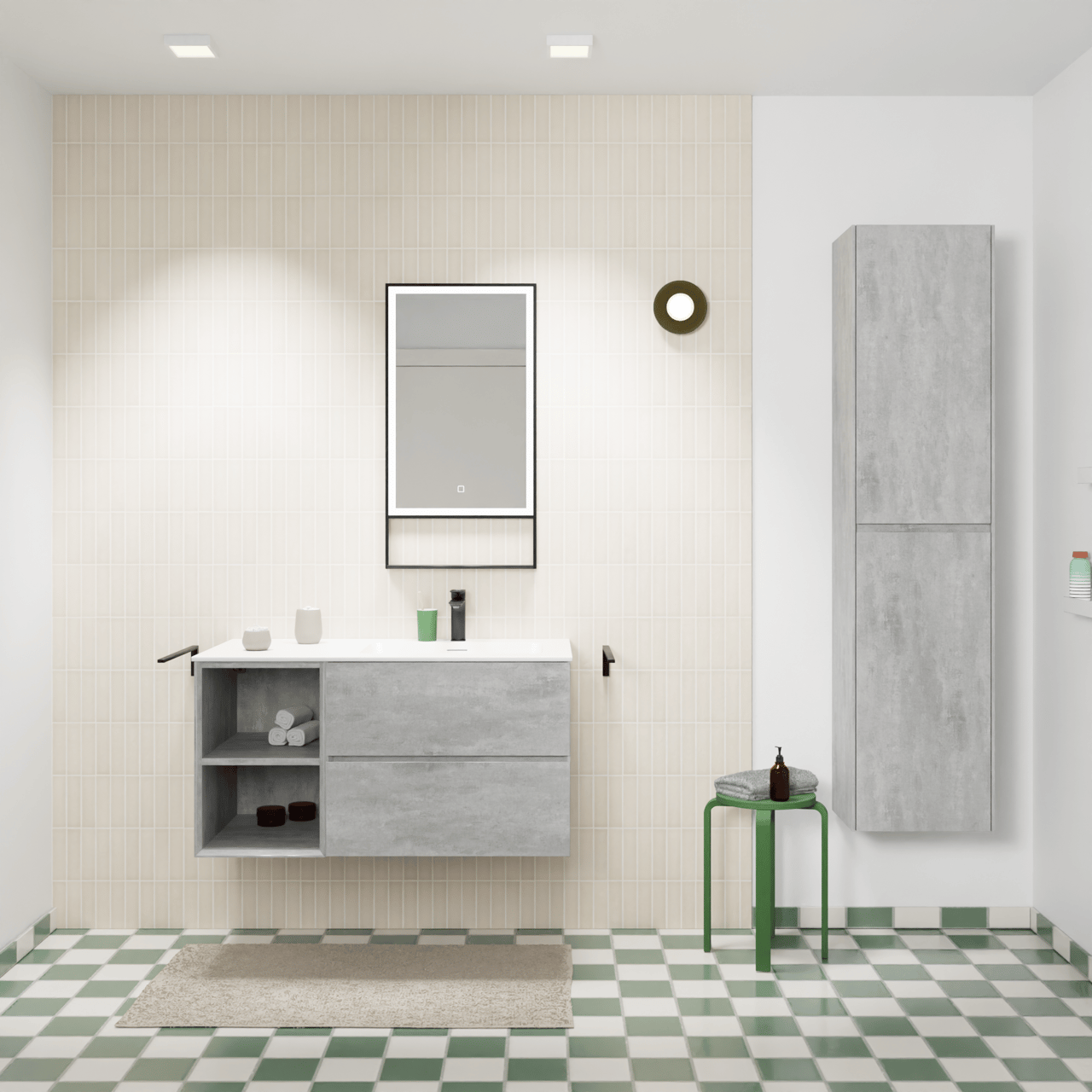 Storke Edge zwevend badmeubel 100 x 52 cm beton donkergrijs met Mata asymmetrisch rechtse wastafel in solid surface mat wit